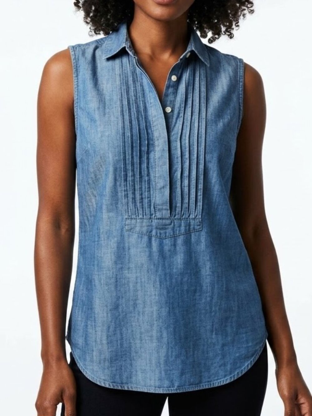 LOFT Western Indie Chambray Pintuck Sleeveless Popover Henley Denim Shirt SP